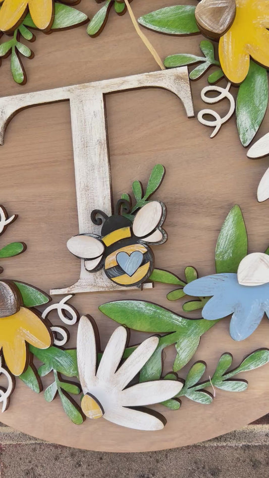 Personalized Spring Floral Bee Door Hanger